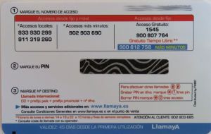 LlamayA calling card, prepaid Telefonkarte, Spanien, Rückseite mit Kurzanleitung
