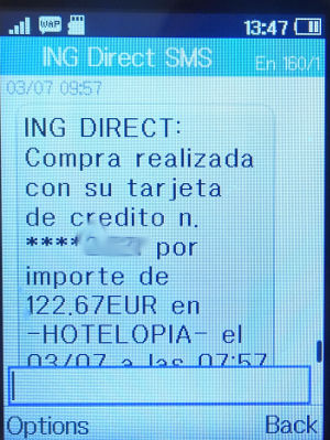 Hotelopia, SMS Zahlungsbestätigung der ING Direct Spanien auf einem Alcatel 2051X