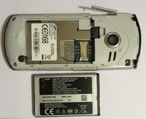 Samsung, Mobiltelefon, GT–C3200, Rückseite geöffnet, Batterie Modell AB463651BU