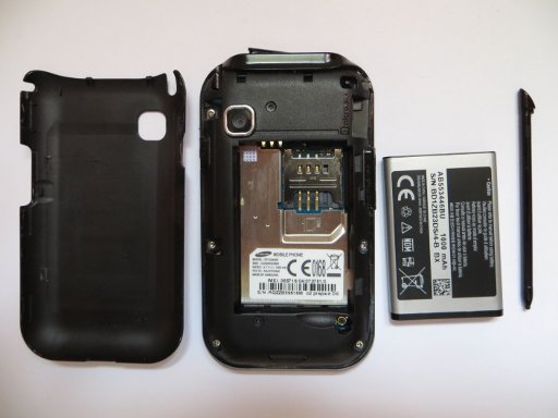 Samsung, Mobiltelefon, GT–C3300K, Rückseite geöffnet, Batterie Modell AB553446BU und Eingabestift