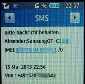 Samsung, Mobiltelefon, GT–S3370, automatische SMS von uTrack vom Samsung GT–C3300K