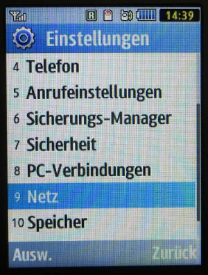 Samsung, Mobiltelefon, Internet, GT–C3590, Hauptmenü Einstellungen mit Auswahl 9 Netz