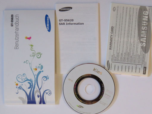 Samsung, Mobiltelefon, GT–S5620 Monte, Benutzerhandbuch, SAR Information, Garantiekarte und eine der beiden Kies Software CD