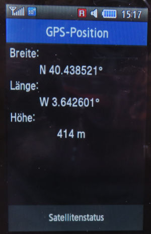 Samsung, Mobiltelefon, GT–S5620 Monte, GPS-Position mit Breite, Länge, Höhe und Anzahl der Satelliten