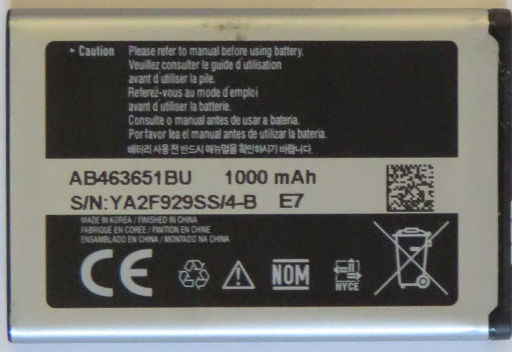 Samsung, Mobiltelefon, GT–S5620 Monte, Batterie Modell AB463651BU 1000 mAh