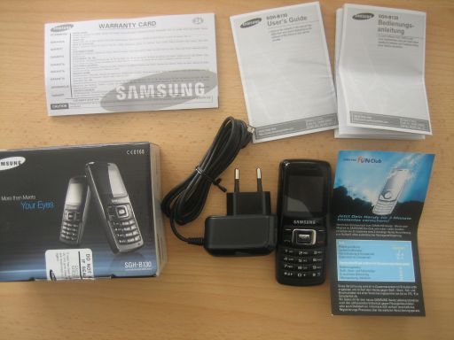 Samsung, Mobiltelefon, SGH–B130, Lieferumfang mit Garantiekarte, Bedieungsanleitung in deutsch, Bedienungsanleitung in englisch, Netzteil und Fun Club Karte