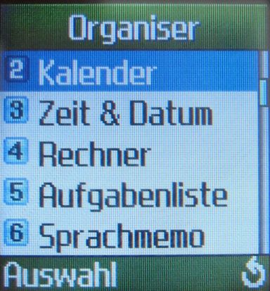 Samsung, Mobiltelefon, SGH–C130, Ansicht mit Organiser, Kalender, Zeit & Datum, Rechner, Aufgabenliste und Sprachmemo auf dem Display