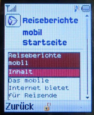 Samsung, Mobiltelefon, SGH–E250, WAP Browser mit http://wap.reiseberichte.bplaced.net