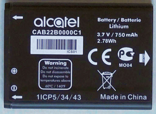 Mobiltelefon, Alcatel 2051X, Batterie Modell CAB22B0000C1 3,7 Volt 750 mAh