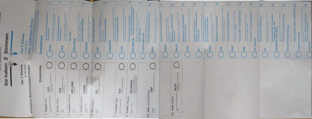 BRD Bundestagswahl 2017 Stimmzettel Beispiel Berlin Wahlkreis 78 Spandau – Charlottenburg Nord