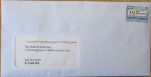 Antrag Einsendung per Briefpost Spanien – Deutschland für 1,50 Euro am 11.Februar 2021