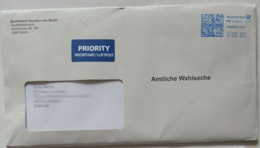 Wahlunterlagen per Briefpost Deutschland – Spanien am 26. August 2021 eingetroffen