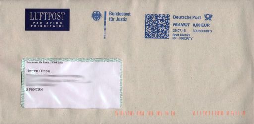Bundesamt für Justiz, Antrag Führungszeugnis, Empfang per Briefpost