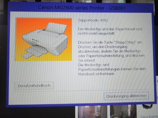 Canon PIXMA MG2555S, Supportcode 4102 Medientyp und Papierformat