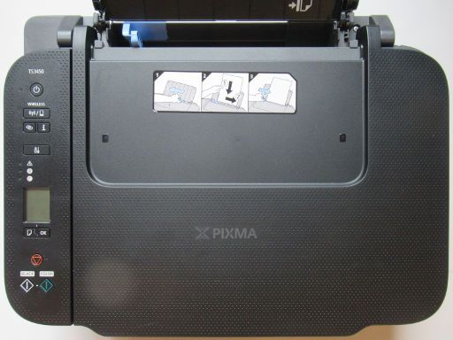 Canon PIXMA TS3450, Gehäuse von oben mit Tasten, LCD Anzeige und Abdeckung Scanner