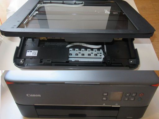 Canon PIXMA TS5350a, Gehäuse von oben, aufgeklappt, Scanner, Tasten, Bildschirmanzeige und Papiereinschub