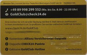 CHECK24, Mietwagen Gold Club Kundenkarte Vorderseite, Rückseite