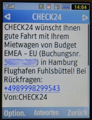 CHECK24, SMS vor Mietwagenübernahme auf einem Samsung GT–C3590