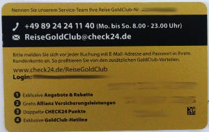 CHECK24 Reise GoldClub Kundenkarte Rückseite