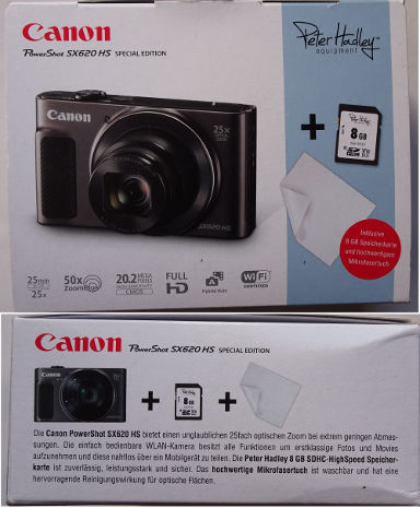 Canon Modell PowerShot SX620 HS schwarz Special Edition Peter Hadley™ equipment mit 8 GB Speicherkarte und Microfasertuch