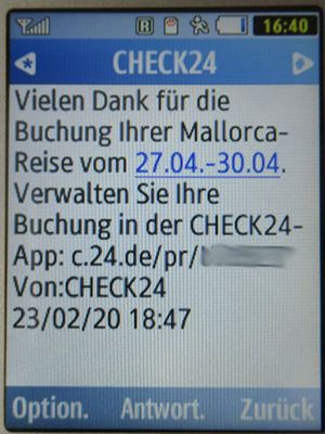 CHECK24, SMS Bestätigung Hotelbuchung auf einem Samsung GT–C3590