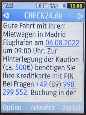 CHECK24, SMS im August 2022 Hinweis Kreditkarte Mietwagenübernahme auf einem Samsung GT–C3590