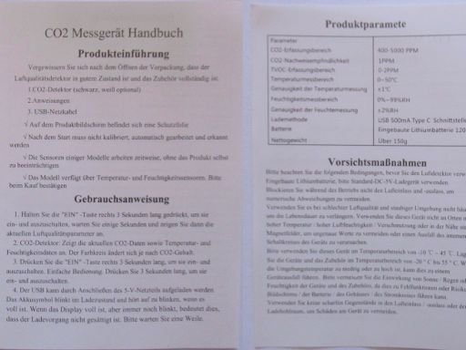 CO2 Messgerät Modell H8, Bedienungsanleitung und technische Daten