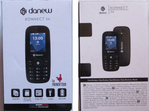 Mobiltelefon, danew KONNECT 34, Verpackung mit Hinweisen zur Ausstattung