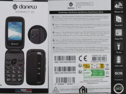 Mobiltelefon, danew KONNECT 42, Verpackung mit Hinweisen zur Ausstattung