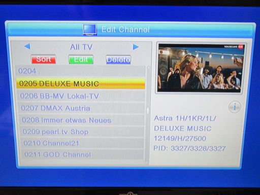 denver DVBS-206HD, Satelliten Receiver DVB-S2, Programme bearbeiten