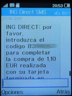 Deutsche Post, eFILIALE®, SMS mit Sicherheitscode Zahlung Mastercard® ING Direct auf Alcatel 2051X Mobiltelefon