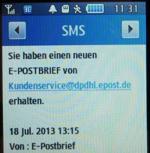 Deutsche Post E–POSTBRIEF, SMS auf einem Samsung GT–S3370 mit der Nachricht neuer E–POSTBRIEF erhalten