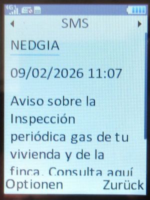 NEDGIA, SMS Hinweis &Uuml;berpr&uuml;fung Gasinstallation im Februar 2026 auf einem danew KONNECT 42 Mobiltelefon