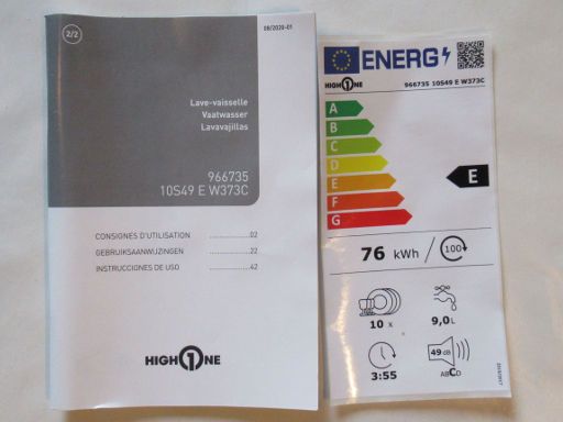 HIGH ONE 10S49 E W373C, Geschirrspülmaschine, Bedienungsanleitung auf Französisch, Niederländisch und Spanisch und Energielabel 2021