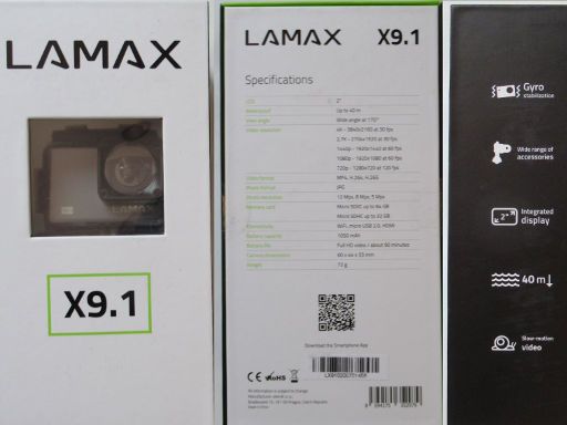 LAMAX X9.1 Actioncam, Verpackung, Verpackung mit technischen Daten und Eigenschaften