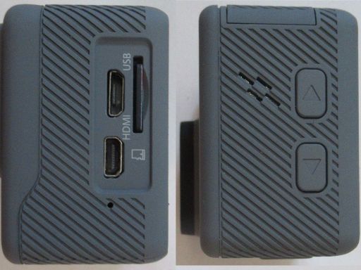 LAMAX X9.1 Actioncam, Ansicht von linker und rechter Seite mit Steckplatz Speicherkarte und Verbindungskabel