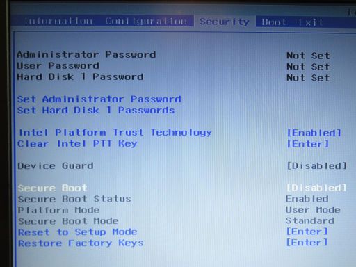 Lenovo™ V15 G2 IJL, BIOS Einstellungen Secure Boot disabled