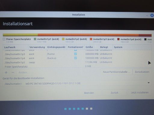 Lenovo™ V15 G2 IJL, Aufteilung SSD Partitionen für Linux™ Mint 22.01 Cinnamon 64-bit