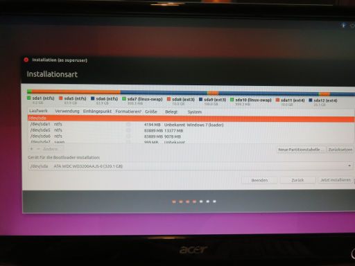 Ubuntu 15.10, Installationsart Anzeige der Festplattenaufteilung