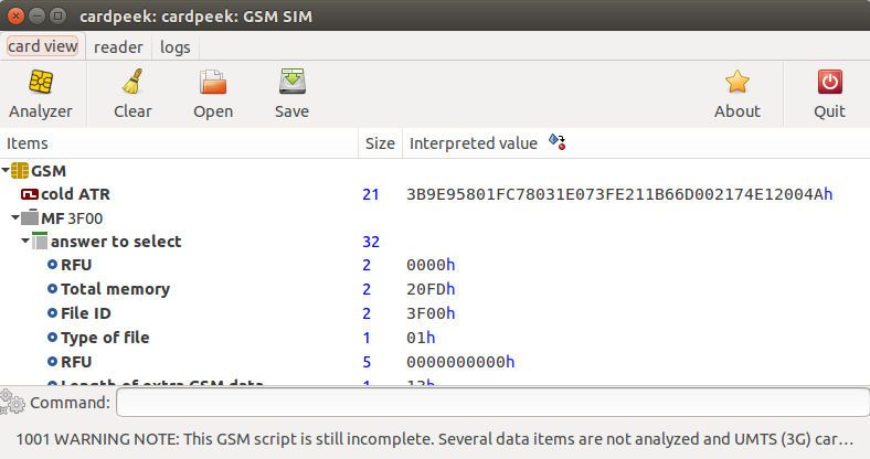 Linux™ Ubuntu®, Cardpeek Version 0.8.4 Auslesen des GSM Chips einer SIM Karte