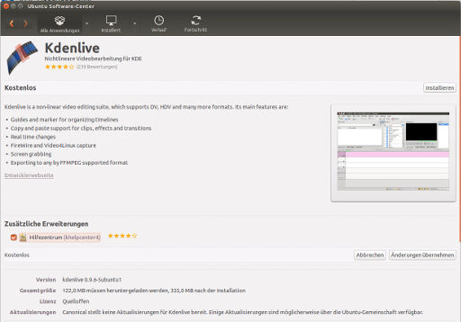 Linux™ Ubuntu® Software-Center, Kdenlive Version 0.9.6 im Dezember 2017