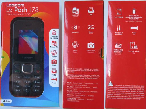 Mobiltelefon, Logicom Le Posh 178, Verpackung mit Hinweisen zur Ausstattung