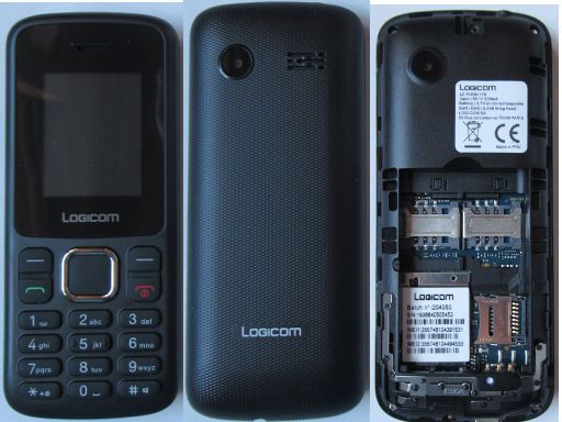 Mobiltelefon, Logicom Le Posh 178, Gehäuse Ansicht Vorder–, Rückseite und Rückseite geöffnet