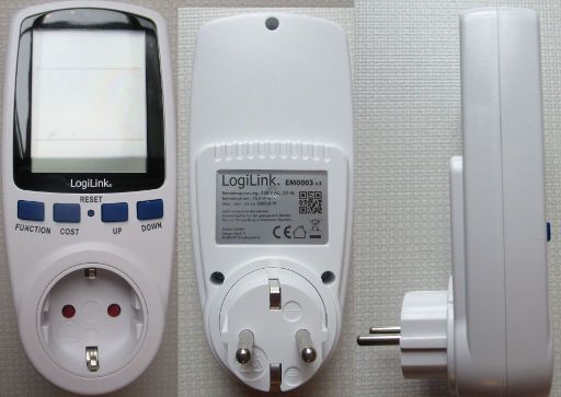 LogiLink® EM0003 Energiekosten Messgerät Premium, Geräteansichten vorne, hinten und Seite