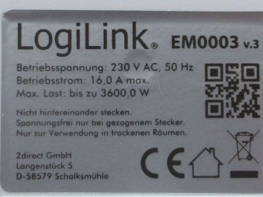 LogiLink® EM0003 Energiekosten Messgerät Premium, Typenschild