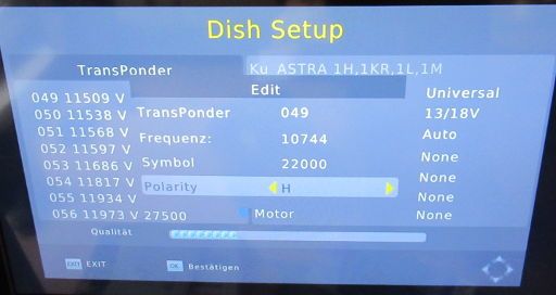 Metronic TouchBox 8, Satelliten Receiver DVB-S, Transponder Einstellungen