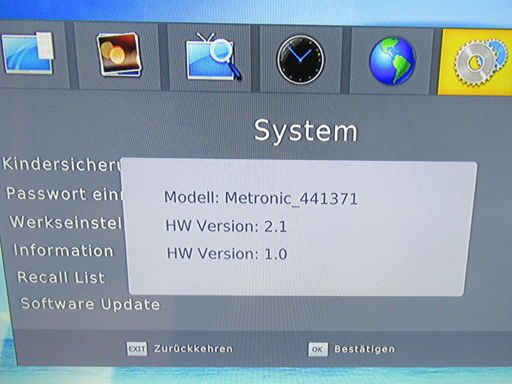 Metronic TouchBox 8, Satelliten Receiver DVB-S, Software und Hardware Version 2.1 und 1.0