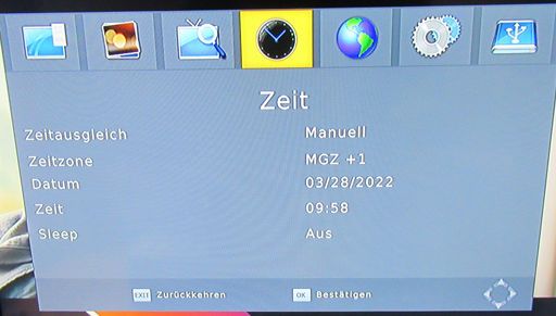 Metronic TouchBox 8, Satelliten Receiver DVB-S, Menü Zeit Zeitausgleich Manuell auf Sommerzeit