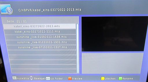Metronic TouchBox 8, Satelliten Receiver DVB-S, Menü aufgenommener Sendungen auf dem USB Stick