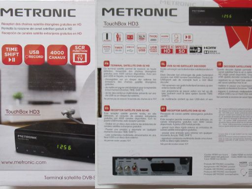 Metronic TouchBox HD3, Satelliten Receiver DVB-S2, Verpackung Vorder– und Rückseite